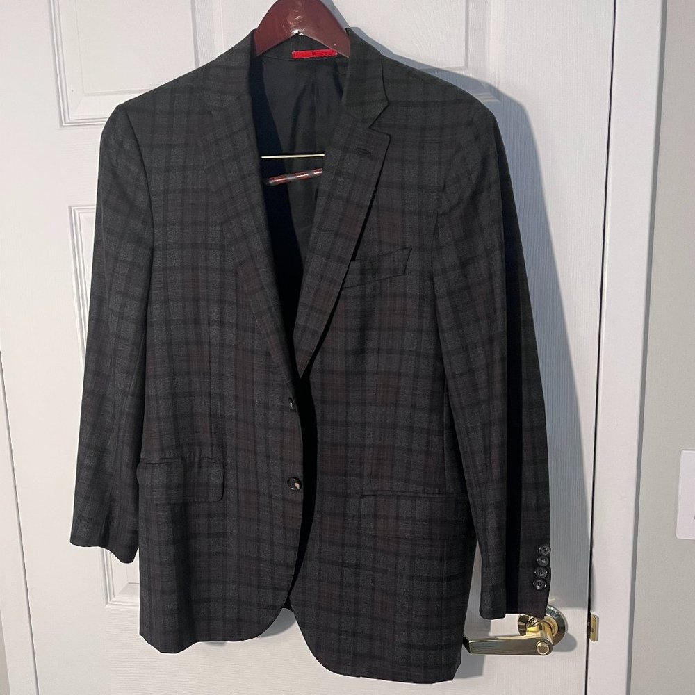 Isaia 44S Brown Grey Plaid Super 140's Wool Sport Coat
